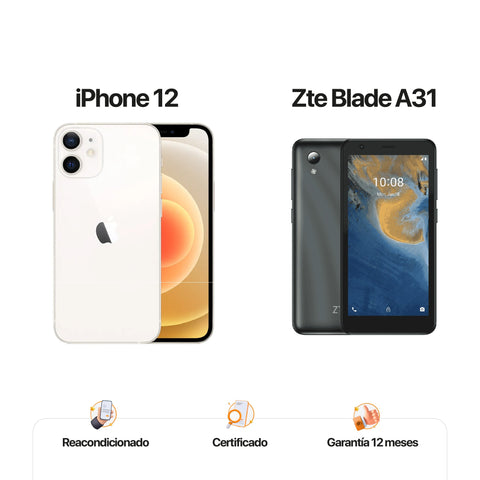 iPh 12 de 64GB Blanco + ZTE A31 de 32GB Gris