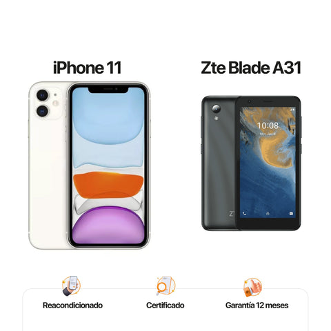 iPh 11 de 64GB Blanco + ZTE A31 de 32GB Gris