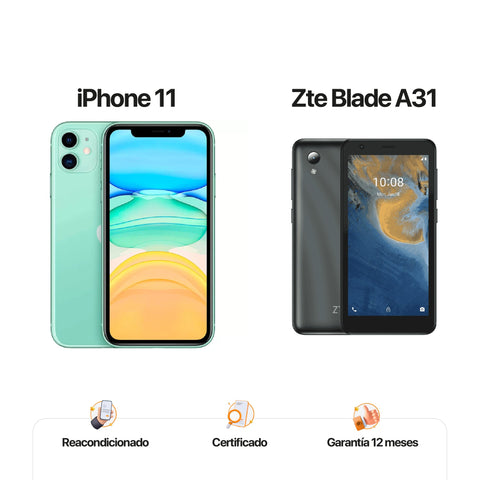 iPh 11 de 64GB Verde + ZTE A31 de 32GB Gris