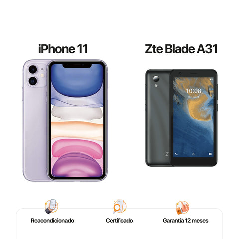 iPh 11 de 64GB Morado + ZTE A31 de 32GB Gris