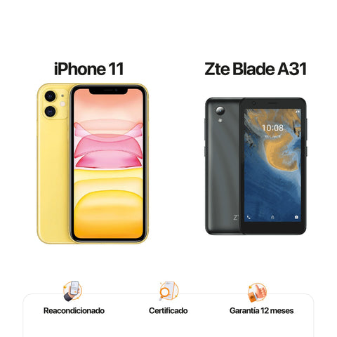 iPh 11 de 64GB Amarillo + ZTE A31 de 32GB Gris