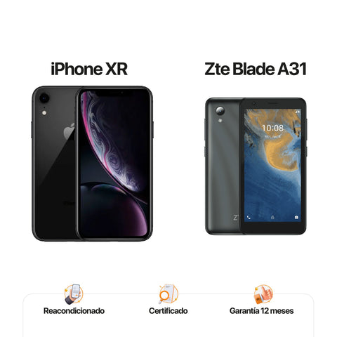 iPh Xr de 64GB Negro + ZTE A31 de 32GB Gris