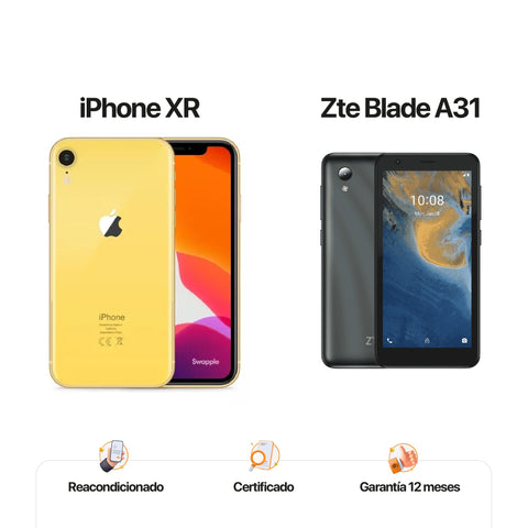 iPh Xr de 64GB Amarillo + ZTE A31 de 32GB Gris