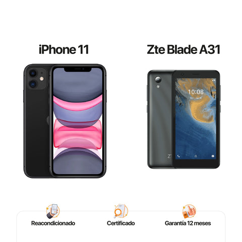 iPh 11 de 64GB Negro + ZTE A31 de 32GB Gris
