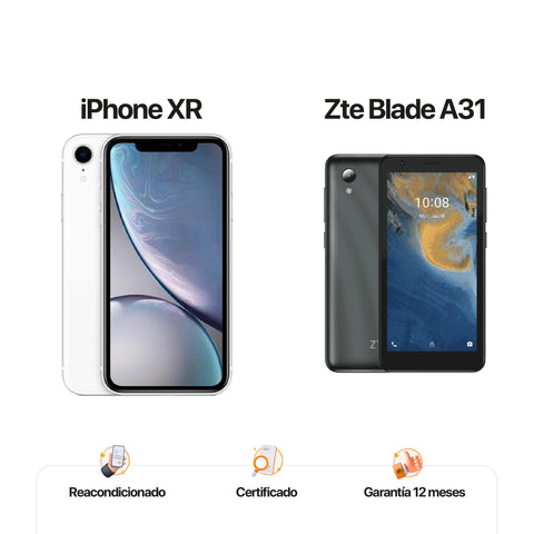 iPh Xr de 64GB Blanco + ZTE A31 de 32GB Gris