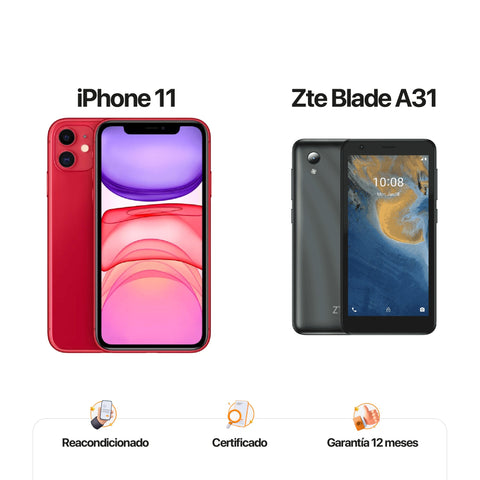 iPh 11 de 64GB Rojo + ZTE A31 de 32GB Gris